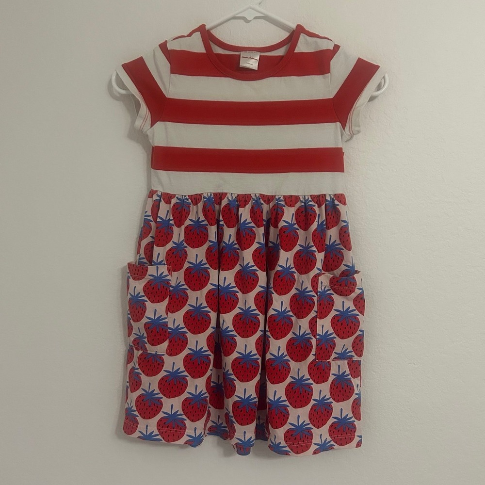 Hanna Andersson Girls Strawberry Red Stripe Dress With Pockets Size 6-7